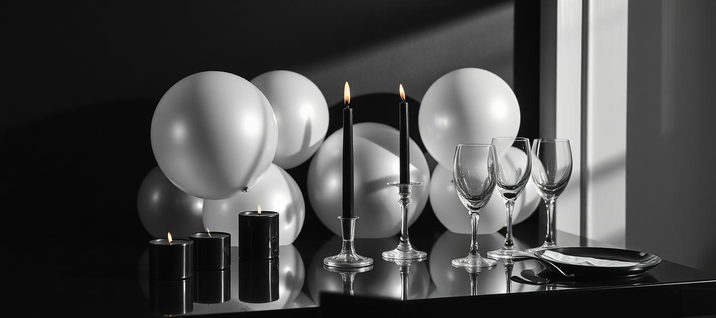 Decoração da festa em preto, branco e prata